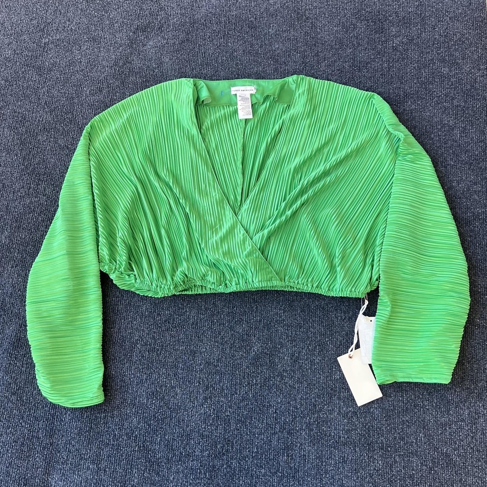 Good American Blouse Womens 1/2 Green Plisse‎ Wrap Crop Long Sleeve GWT0147